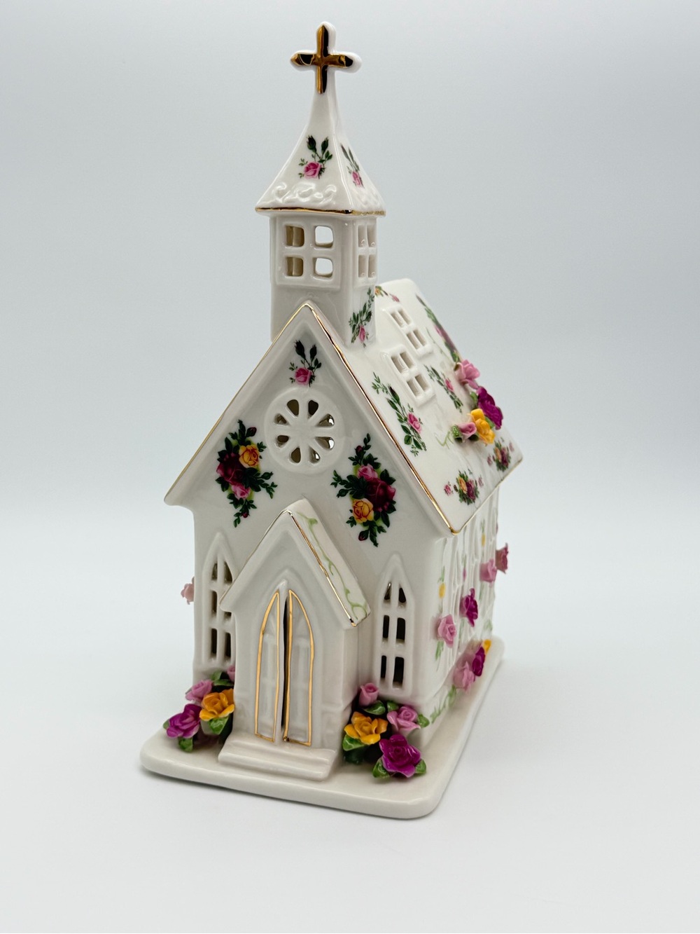 Royal Albert White Porcelain Church with Pink, Yellow & Green Floral Accents
